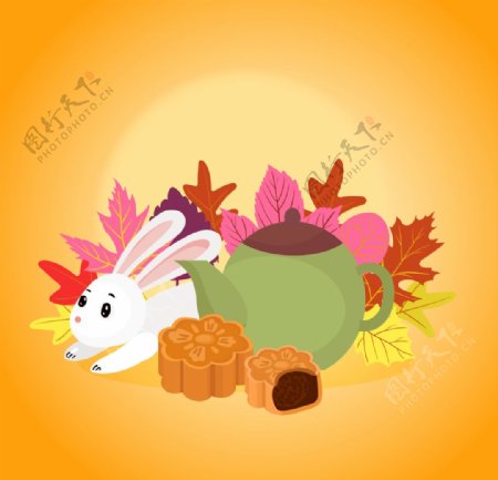 彩色中秋节落叶和兔子矢量素材