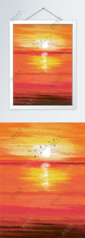 手绘油画夕阳海面风景装饰画