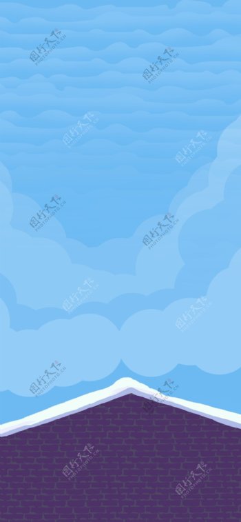 卡通手绘蓝天白云下的房檐插画背景