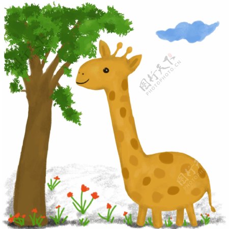 手绘树底下的长颈鹿卡通元素