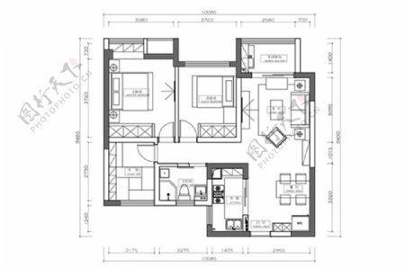 三房住宅室内设计CAD平面方案