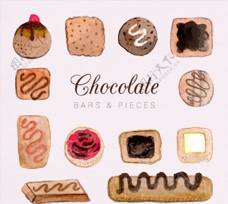 手绘巧克力块和巧克力条