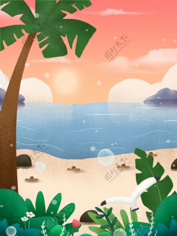 手绘夏日海滩椰树背景设计