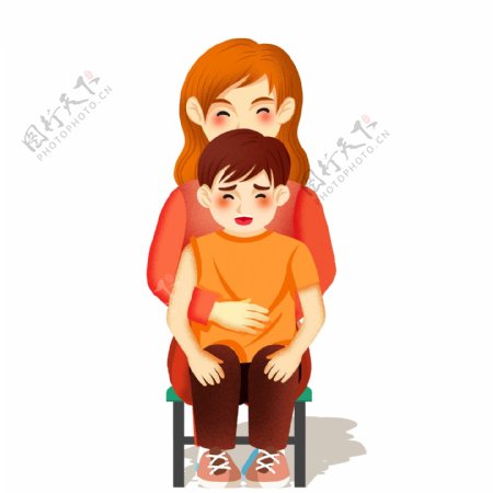 手绘坐在妈妈腿上的小男孩