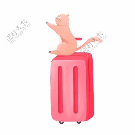 小清新坐在行李箱上的猫咪插画设计