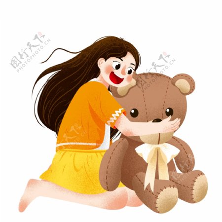 卡通女孩抱小熊插画