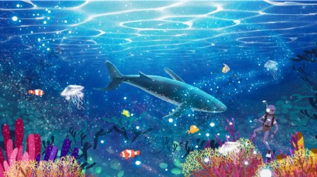 蓝色卡通世界海洋日海底世界海豚潜水员插画