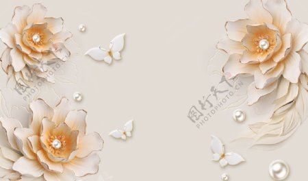 浮雕背景牡丹荷花珍珠蝴蝶