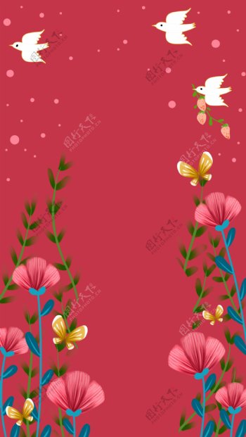 红色唯美花卉植物插画背景