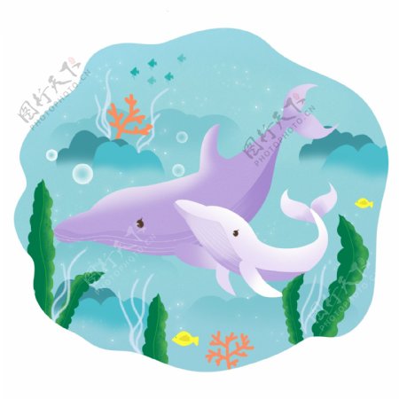 母亲节海豚手绘卡通母亲和孩子动物海洋元素