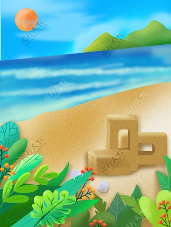 手绘夏日海滩背景设计
