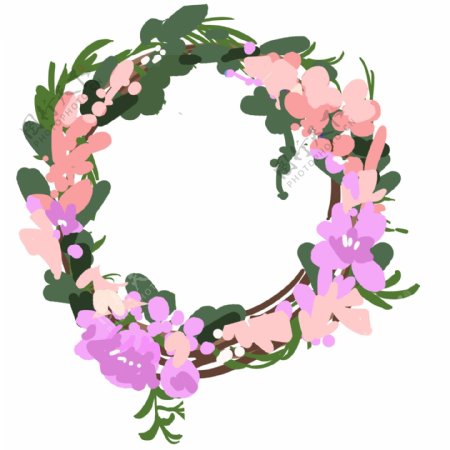 绿叶粉色花边框插画