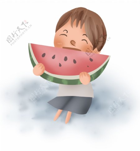 夏季吃西瓜的小男孩