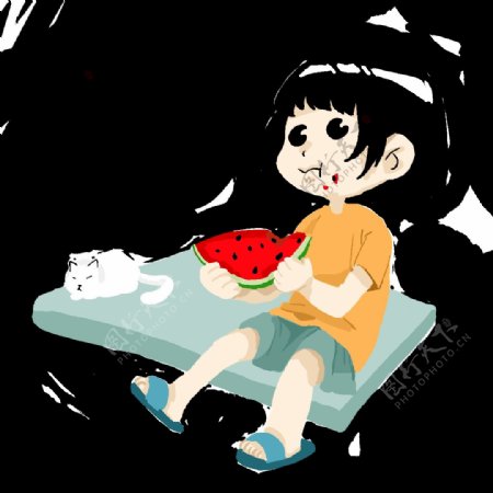 夏日素材吃西瓜的小孩