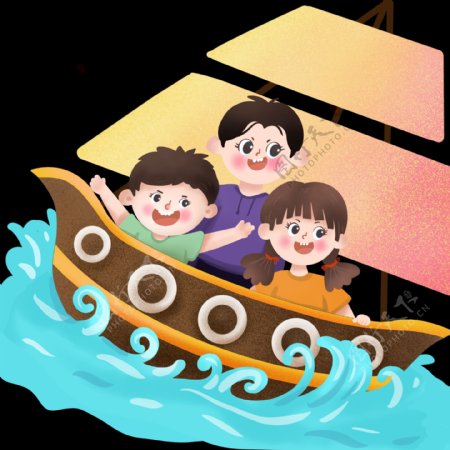 儿童节坐船儿童海上航行png免抠图