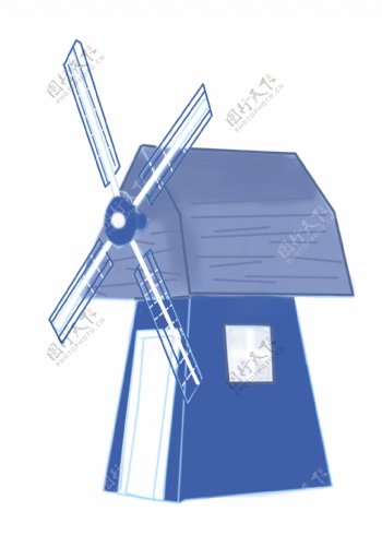 风车蓝色的建筑插画