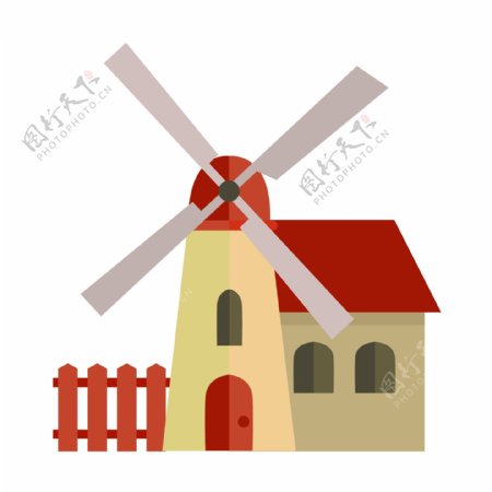 房子栅栏和风车插图