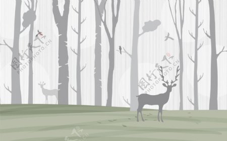 北欧麋鹿森林壁画背景