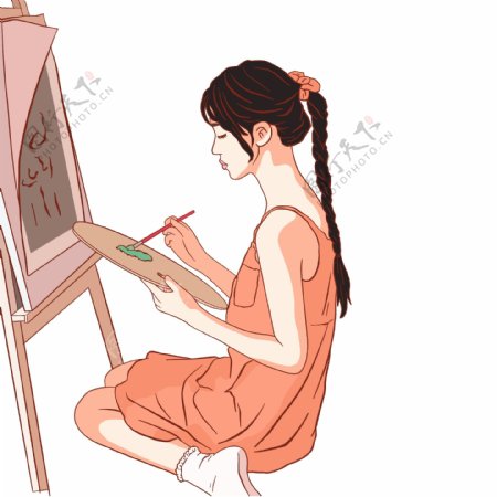 手绘一个画画的少女插画设计