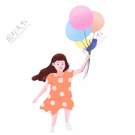 可爱风拿气球女孩插画人物元素