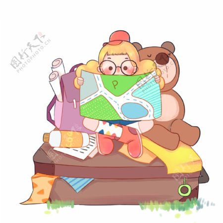 卡通坐在行李箱上的旅行女孩