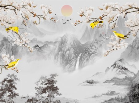 新中式花鸟山脉背景墙