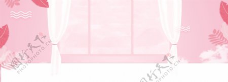 清新粉色窗户电商海报背景