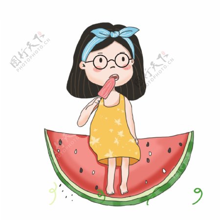 彩绘可爱坐在西瓜上吃西瓜的女孩设计