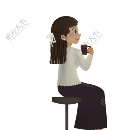 卡通手绘坐在凳子上喝茶的女孩子