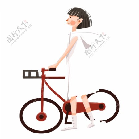 推着自行车的美女