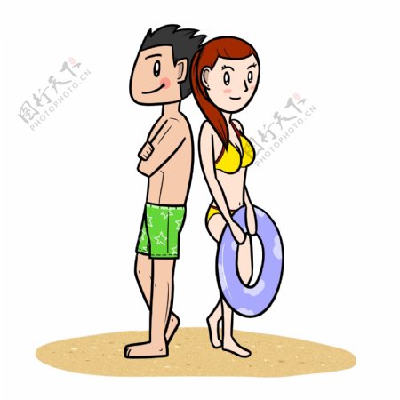 卡通夏季情侣沙滩游玩png透明底