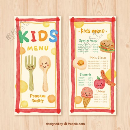 可爱餐具和食物儿童菜单设计