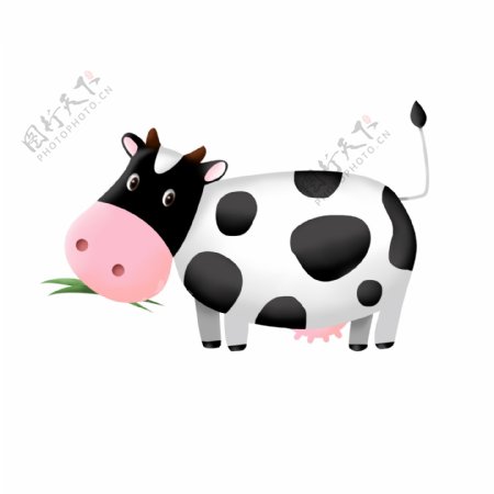 手绘可爱卡通剪纸风微立体奶牛吃草元素