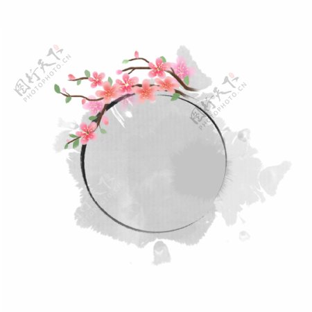 手绘水墨桃花花蕾树枝墨迹圆环边框元素