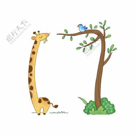 手绘卡通可爱动物长颈鹿吃树叶小鸟边框元素