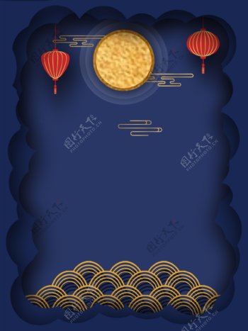 手绘蓝色中国风中秋节背景
