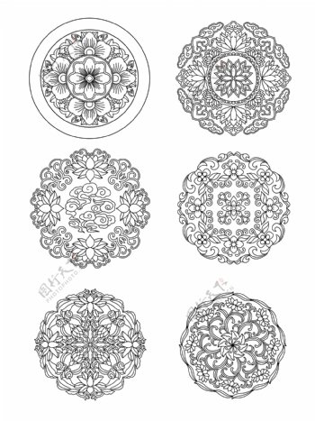 传统中式花底纹团花图案六个