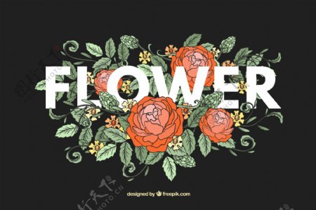彩绘玫瑰花装饰花卉艺术字矢量