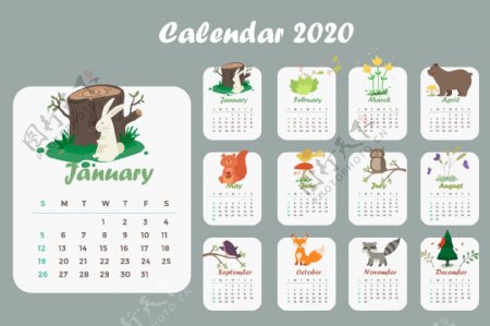 可爱的动植物2020年日历模板