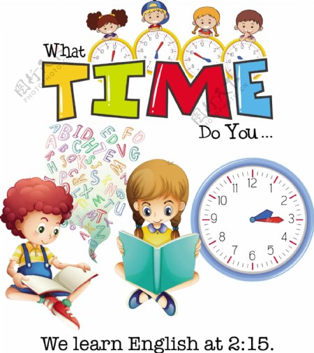 卡通儿童和时钟