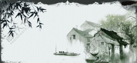 中式山水小船背景