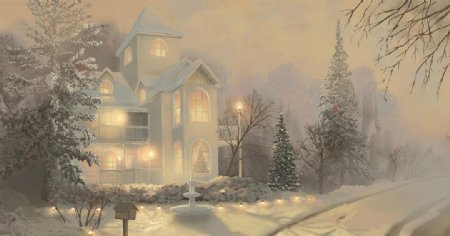 彩色房屋插画大雪背景