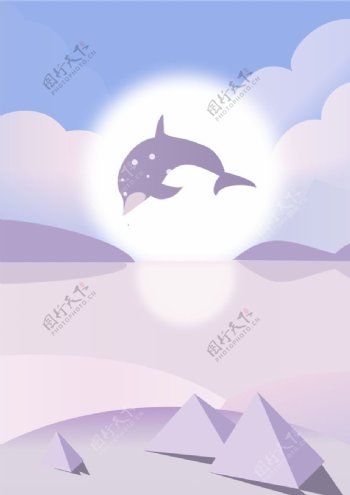 海豚飞舞向太阳矢量图