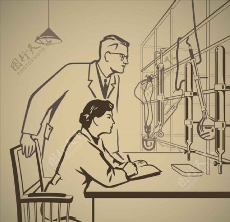 黑白漫画风格卡通化学家做实验