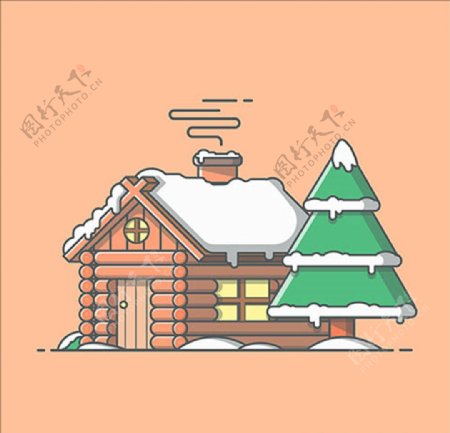 创意插画房子圣诞树