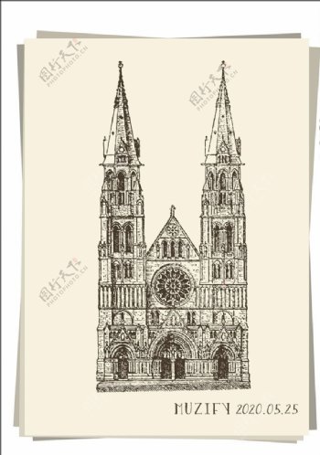 欧洲科隆大教堂素描画