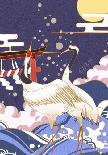 仙鹤浮世绘传统国风插画背景