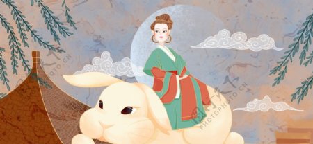 中秋月兔传统国风插画卡通背景