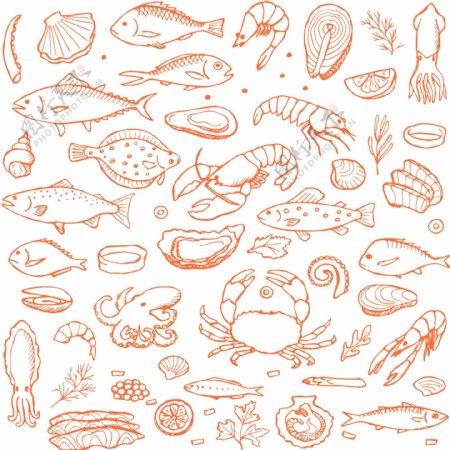 卡通海鲜食物无缝背景矢量图
