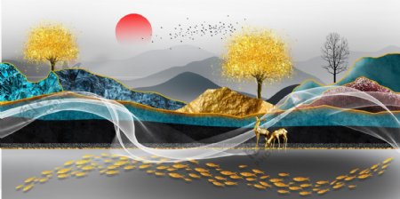 新中式线条飘带金色山水装饰画